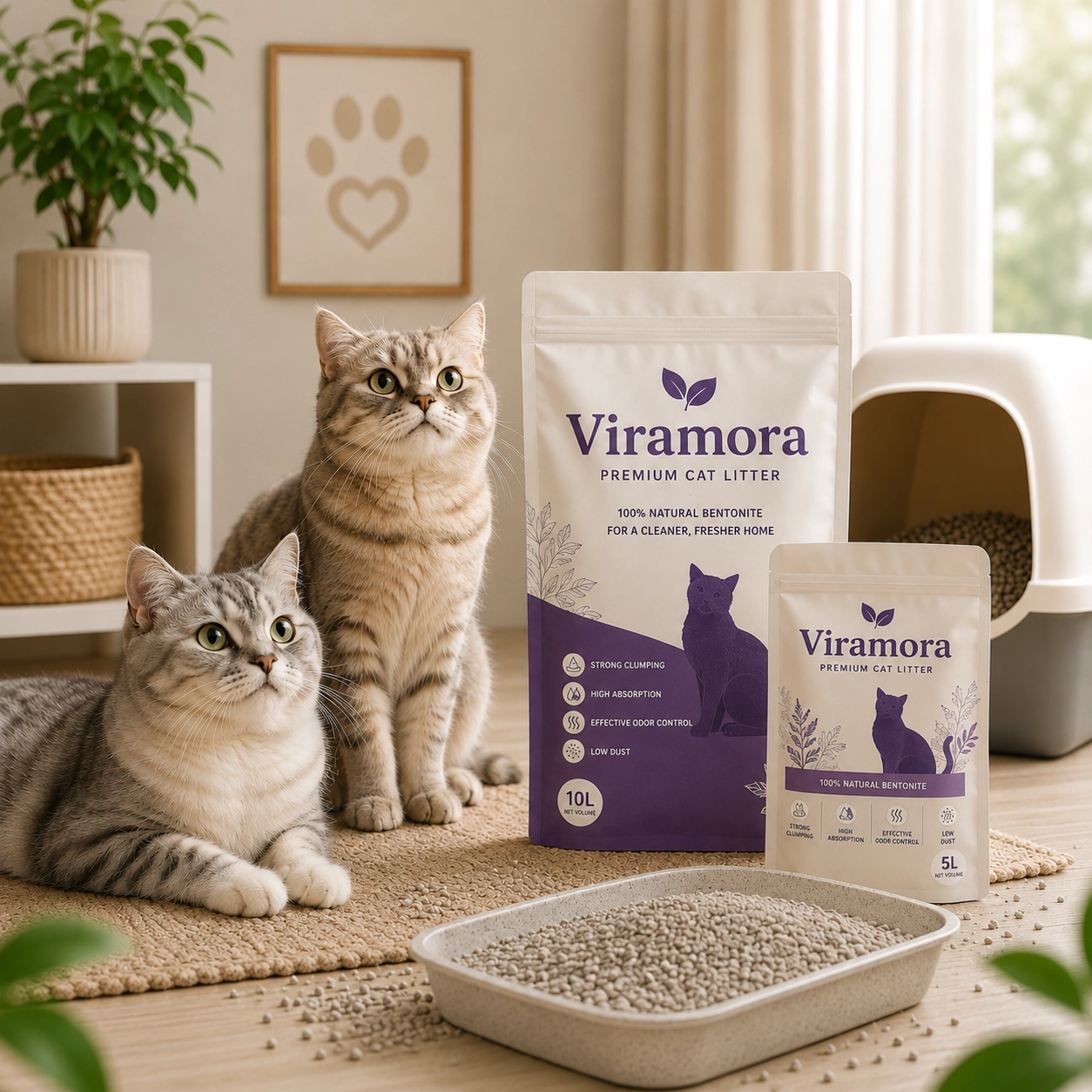 Happy cat sitting beside premium Viramora bentonite cat litter